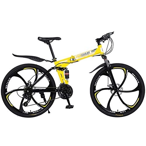 Bicicletas de montaña plegables : Bicicleta de montaña Marco de Acero de 21 / 24 / 27 velocidades 26 Pulgadas Ruedas de 6 Rayos Bicicleta Plegable de Doble suspensión Bicicleta de montaña para Adultos (Color : Yellow, Size : 27 Speed)