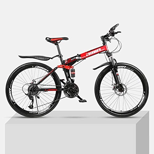 Bicicletas de montaña plegables : Bicicleta de montaña Marco de acero de alto carbono plegable de 24 pulgadas con absorcin de impactos doble velocidad variable para hombres y mujeres bicicleta todoterreno-Rojo_21 velocidades