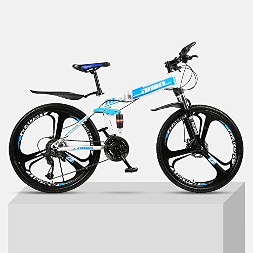 Bicicletas de montaña plegables : Bicicleta de montaña Marco de acero de alto carbono plegable de una rueda de 26 pulgadas con doble velocidad de amortiguacin para hombres y mujeres bicicleta todoterreno-Azul_24 velocidades