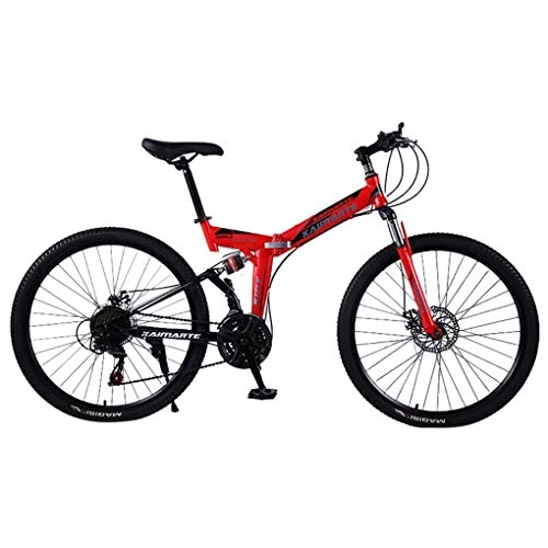 Bicicletas de montaña plegables : Bicicleta de montaña para adultos, bicicleta de montaña plegable de 24 pulgadas, bicicleta de 21 velocidades, bicicleta de montaña de suspensión completa con freno de disco doble y bicicleta (Rojo)