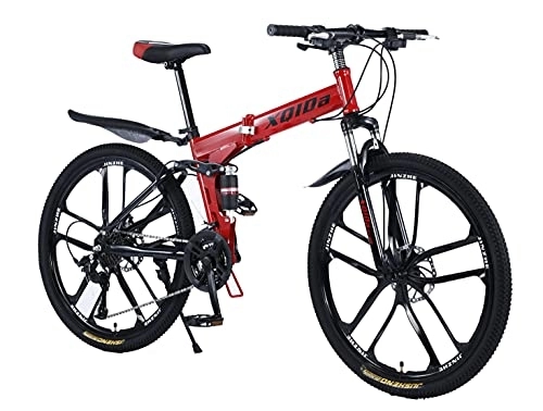 Bicicletas de montaña plegables : Bicicleta de montaña para adultos, plegable, 26 pulgadas, doble absorción de golpes, freno de disco delantero y trasero, 27 velocidades para ciclismo al aire libre, color rojo