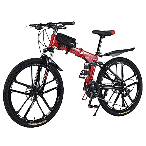 Bicicletas de montaña plegables : Bicicleta de montaña plegable de 26 pulgadas con doble amortiguación, marco de fibra de carbono con bolsa para bicicleta, frenos de disco, bicicleta de suspensión completa (rojo)