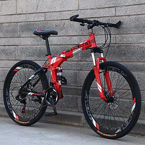 Bicicletas de montaña plegables : Bicicleta de montaña plegable de 26 pulgadas para hombres y mujeres adultos, bicicleta de montaña de doble suspensión de acero con alto contenido de carbono, freno de disco de acero, Rojo, 24 speed