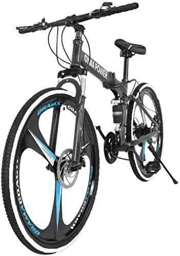 Bicicletas de montaña plegables : Bicicleta de montaña plegable de 26 pulgadas Shimanos Bicicleta de 21 velocidades con suspensión completa Bicicletas MTB Bicicletas cómodas Bicicleta de crucero de playa Freno de disco doble-Azul