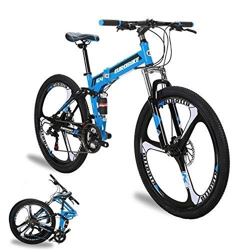 Bicicletas de montaña plegables : Bicicleta de montaña plegable, eurobike G4 adulto bicicleta de montaña plegable, rueda de 26 pulgadas, 21 velocidades, suspensión completa, freno de doble disco, bicicleta con marco plegable (azul)