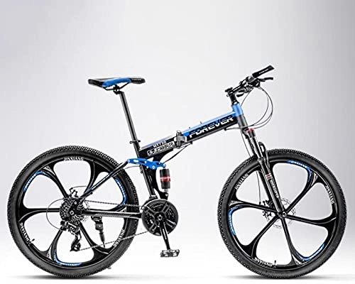 Bicicletas de montaña plegables : Bicicleta de montaña plegable, para hombre y mujer, para alumnos intermedios, off-road, amortiguador doble amortiguador, rueda de seis cuchillos, color negro y azul