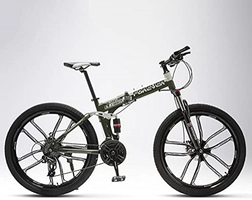 Bicicletas de montaña plegables : Bicicleta de montaña plegable para hombres y mujeres, para alumnos intermedios, off-road, amortiguador doble, rueda de cuchilla, verde militar, 21 velocidades, 24 pulgadas, frenos de disco