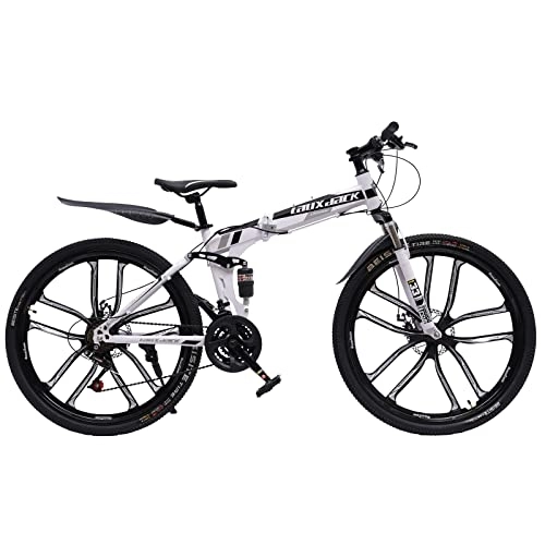 Bicicletas de montaña plegables : Bicicleta plegable de montaña de 26 pulgadas, plegable, 21 velocidades, con doble marco de amortiguación, frenos de disco, bicicletas de suspensión completa, para hombres y mujeres (negro)