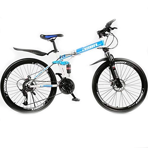 Bicicletas de montaña plegables : BNMKL 24 / 26 Pulgadas Bicicleta De Montaña, Bicicleta Plegable con Doble Absorción De Impactos MTB, Acero De Alto Carbono 30 Velocidades Mountain Bike, White Blue, 26 Inch