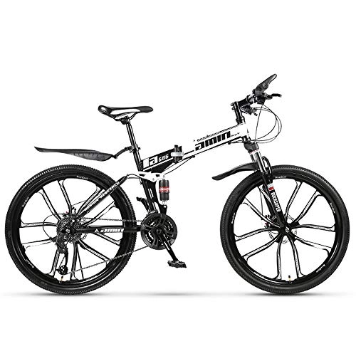 Bicicletas de montaña plegables : Cambiador de 21 velocidades MTB plegable Bicicleta de montaña plegable Bicicleta de montaña Frenos de doble disco Plegable Ciclismo de viaje 26 pulgadas Neumático de diez cuchillas (negro blanco)