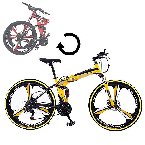 Bicicletas de montaña plegables : CARACHOME Bicicleta de montaña Plegable 26 Pulgadas 27 velocidades, Bicicleta MTB con Sistema de absorción de Impactos Delanteros y Traseros, Amarillo