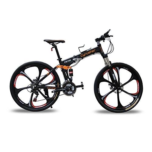 Bicicletas de montaña plegables : Cyrusher® New Updated Black FR100 Mountain Bike Folding Frame MTB Bike Dual Suspension Mens Bike Matt Black Shimano M310 Altus 24 Speeds 17inch*26inch Aluminum Frame Bicycle Disc Brakes