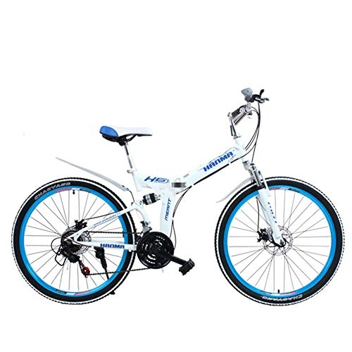 Bicicletas de montaña plegables : DSAQAO Folding Mountain Bike, 21 24 27 Velocidad Doble Disco Bicicleta 26 Pulgadas De Suspensin Completa MTB Bicicletas para Adultos Adolescentes Blanco+Azul 27 Velocidad