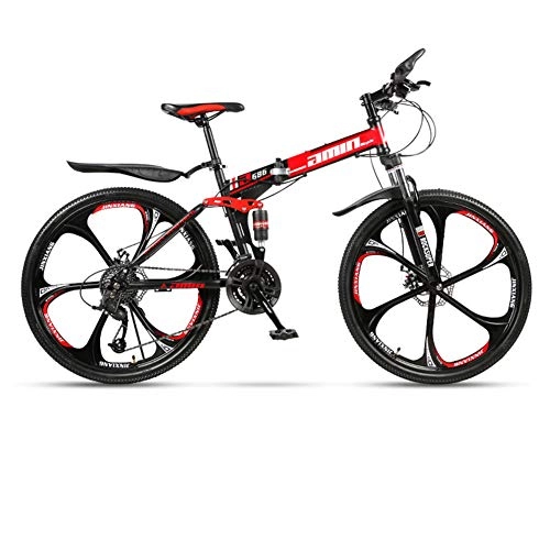 Bicicletas de montaña plegables : DSAQAO Folding Mountain Bike, Suspensión Completa 6 Spoke MTB Bikes 26 Pulgadas 21 24 27 Bicicleta De Disco De 30 Velocidades para Adolescentes Estudiantes Adultos Negro+Rojo 30 Velocidad