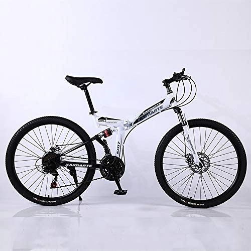 Bicicletas de montaña plegables : DULPLAY Estructura De Acero Suspensión Dual Frenos De Doble Disco Carreras Bicicleta De Suspensión, 26 Pulgadas Adulto Bicicleta De Suspensión, Plegable Bicicleta De Montaña Blanco 26", 24-Velocidad
