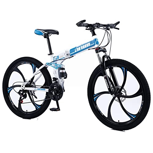 Bicicletas de montaña plegables : EASSEN Bicicleta de montaña Plegable de 26"con Marco de Acero de Alto Carbono de suspensión Completo, transmisión de 21 velocidades, característica 6 Ruedas 24 / 26", en BIC White blue-30