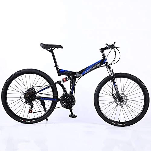 Bicicletas de montaña plegables : Estructura De Acero Suspensión Dual Frenos De Doble Disco Carreras Bicicleta De Suspensión, 24 Pulgadas Adulto Bicicleta De Suspensión, Plegable Bicicleta De Montaña Negro Y Azul 24", 21-velocidad