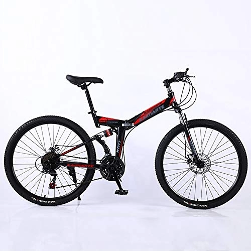 Bicicletas de montaña plegables : Estructura De Acero Suspensión Dual Frenos De Doble Disco Carreras Bicicleta De Suspensión, 24 Pulgadas Adulto Bicicleta De Suspensión, Plegable Bicicleta De Montaña Negro Y Rojo 24", 21-velocidad