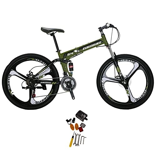 Bicicletas de montaña plegables : Eurobike Bicicleta de montaña plegable de 26 pulgadas para hombres y mujeres Bicicletas adultas 3 radios Ruedas bicicleta (verde)