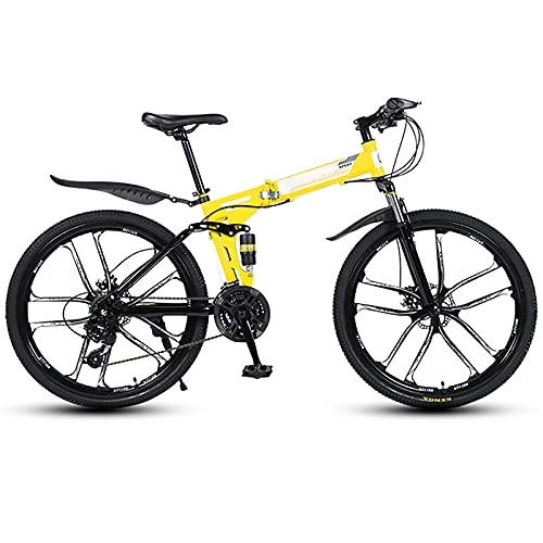 Bicicletas de montaña plegables : FGKLU Bicicleta de montaña plegable de 26 pulgadas para hombres y mujeres, 10 ruedas de cuchillo al aire libre MTB Bicicletas, 21 velocidades de acero de alto carbono, frenos de disco duales, amarillo