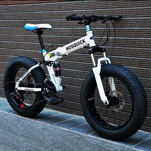 Bicicletas de montaña plegables : GASLIKE Fat Tire Mountain Bike para Adultos Hombres Mujeres, Marco de Acero Plegable de Alto Carbono Bicicleta de MTB de suspensión Completa, Freno de Doble Disco, Blanco, 24 Inch 21 Speed