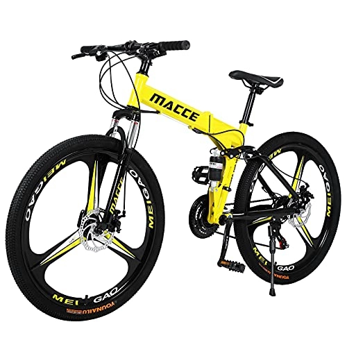 Bicicletas de montaña plegables : Hyhome Bicicletas de montaña plegables para adultos, ruedas de 26 pulgadas, 3 radios de 27 velocidades, bicicleta de freno de disco dual para hombres y mujeres (amarillo)
