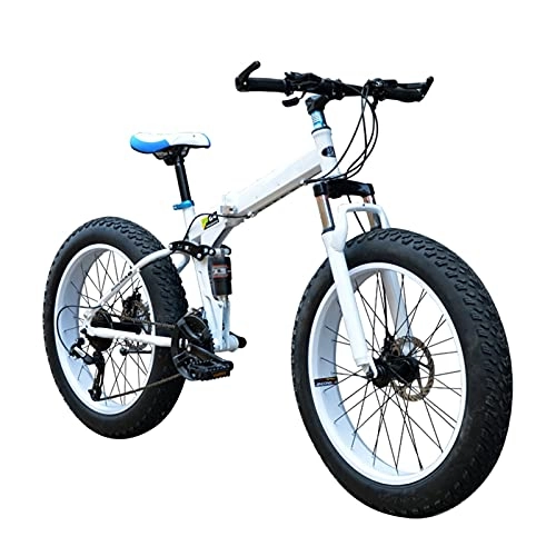 Bicicletas de montaña plegables : JIEPPTO Bicicleta de montaña de 7 velocidades de 20 / 24 / 26 pulgadas con amortiguación de freno de disco dual, neumáticos grandes, plegable (color: blanco, tamaño: 20 pulgadas)