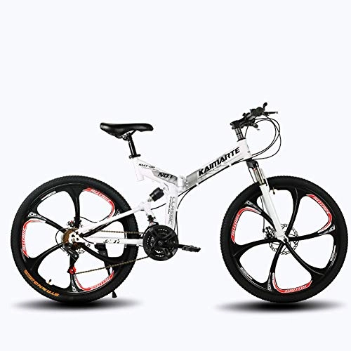 Bicicletas de montaña plegables : KASIQIWA Bicicleta Plegable de Velocidad de montaña, Rueda de 26 Pulgadas Delantera y Trasera Amortiguador de Doble Disco Freno de Disco Acero de Carbono Bicicleta Todo Terreno, Silver, Threeknifewheel