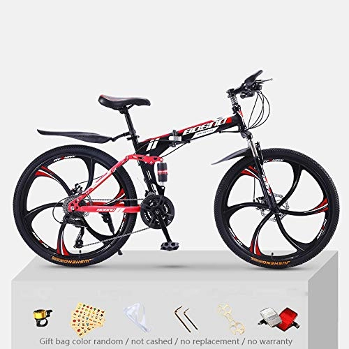 Bicicletas de montaña plegables : KNFBOK bicicleta mujer paseo Bicicleta de montaña para adultos, 21 velocidades, marco de acero grueso, bicicleta plegable, 26 pulgadas, doble choque, todoterreno para niños y niñas Rueda de seis cuchillas negra y roja
