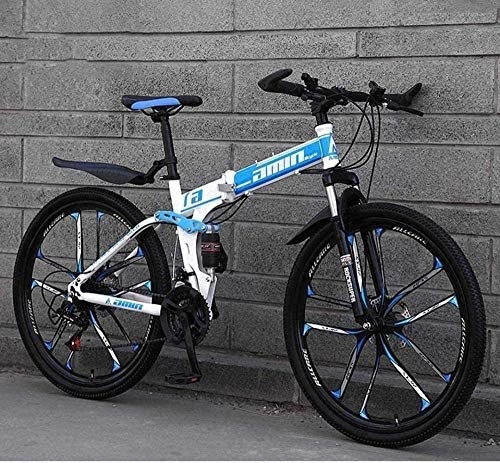 Bicicletas de montaña plegables : KRXLL Mountain Bike Bicicletas Plegables 26In Freno de Doble Disco de 21 velocidades Suspensin Completa Antideslizante Suspensin de Cuadro Ligero Horquilla-Azul