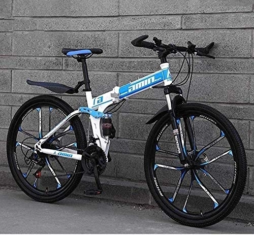 Bicicletas de montaña plegables : KRXLL Mountain Bike Bicicletas Plegables 26In Freno de Doble Disco de 21 velocidades Suspensión Completa Antideslizante Suspensión de Cuadro Ligero Horquilla-Azul