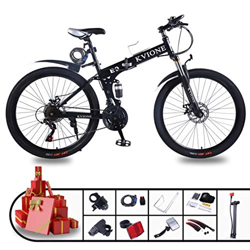 Bicicletas de montaña plegables : KVIONE E9 Bicicleta de montaña de 21 velocidades para hombres y mujeres Bicicleta de montaña MTB de 26 pulgadas Acero de alto carbono con bicicleta plegable de freno de disco de 21 velocidades (negro)