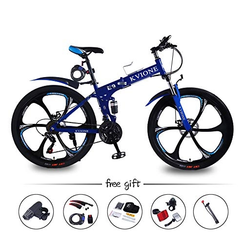 Bicicletas de montaña plegables : KVIONE E9 Bicicleta Hombre 26 Pulgadas Bicicleta De Montaña 21 Velocidades Bicicleta Plegable Cuadro De Alto Carbono Bicicleta Mujer con Freno De Disco Bicicleta Doble Suspension (Azul)