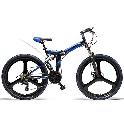 Bicicletas de montaña plegables : LANKELEISI K660 Bicicleta Plegable de 26 Pulgadas, Bicicleta de montaña de 21 velocidades, Freno de Disco Delantero y Trasero, Rueda integrada, suspensión Completa (Black Blue)