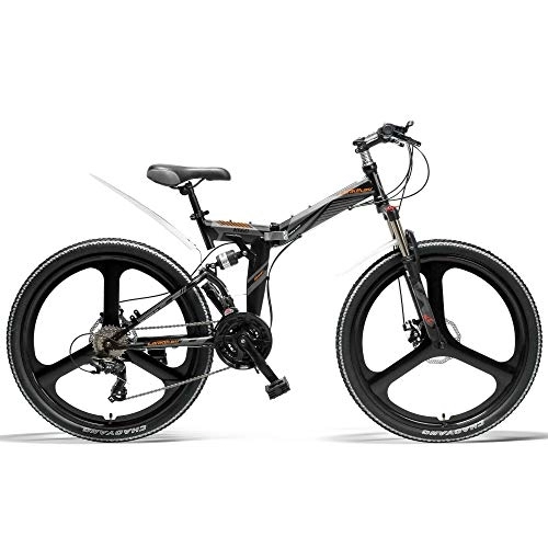 Bicicletas de montaña plegables : LANKELEISI K660 Bicicleta Plegable de 26 Pulgadas, Bicicleta de montaña de 21 velocidades, Freno de Disco Delantero y Trasero, Rueda integrada, suspensión Completa (Black Grey)