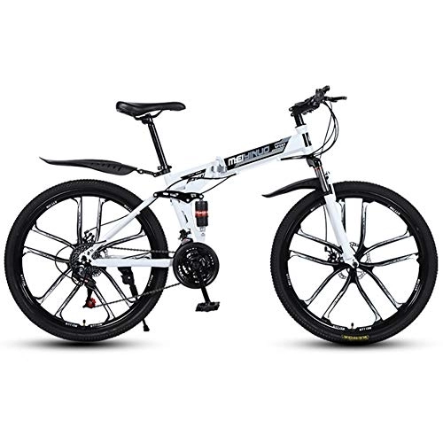Bicicletas de montaña plegables : MTB Amortiguador de bicicletas, bicicleta plegable, 26 pulgadas, 27 de cambio de velocidad, marco de acero al carbono, Doble Amortiguador de conducción confortable, unisex adultas, White 27 shift