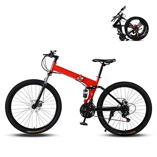 Bicicletas de montaña plegables : Ouumeis 24 Pulgadas Bicicletas De Montaña Plegables All Terrain Adult Plegable Bicicleta Marco De Acero De Alto Carbono Velocidad Variable Absorción De Doble Choque, Rojo, 21 Speed