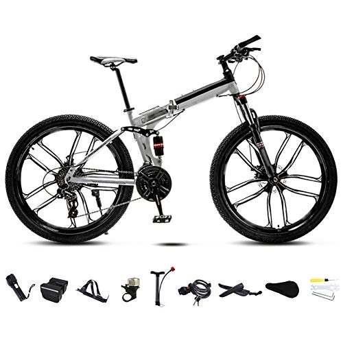 Bicicletas de montaña plegables : ROYWY 24 Pulgadas 26 Pulgadas Bicicleta de Montaña Unisex, Bici MTB Adulto, Bicicleta MTB Plegable, 30 Velocidades Bicicleta Adulto con Doble Freno Disco / Blanco / 24'' / C Wheel