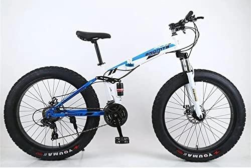 Bicicletas de montaña plegables : TAURU Bicicleta de montaña plegable para adultos, bicicleta de montaña con freno de disco para mujer, bicicleta de playa de arena, marco trasero suave de acero al carbono (26, blanco azul)