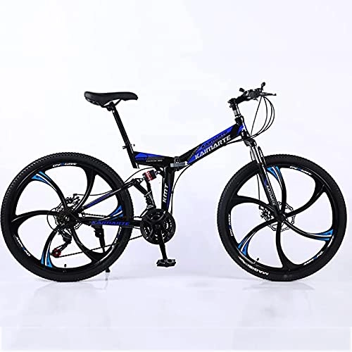 Bicicletas de montaña plegables : UYHF Bici de montaña Plegable de 6 radios 21 / 24 / 27 / 30 Ligera Velocidad de la Rueda 26 Pulgadas Suspensión de Doble Freno de Disco Completo Antideslizante blue-27 Speed