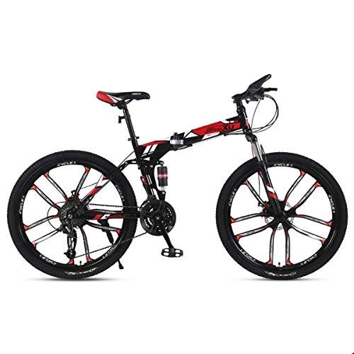 Bicicletas de montaña plegables : WJSW Bicicleta de montaña Bicicletas para nios 21 / 24 / 27 Velocidad Marco de Acero 26 Pulgadas Bicicleta Plegable con suspensin de Ruedas de 10 radios, Rojo, 27 velocidades