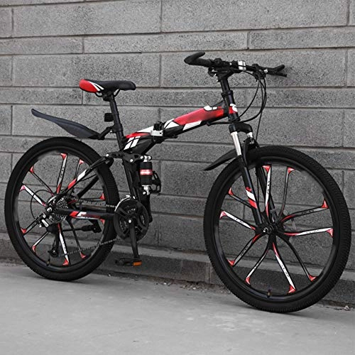 Bicicletas de montaña plegables : YRYBZ MTB Bici para Adulto, 26 Pulgadas Bicicleta de Montaña Plegable, 27 Velocidades Bicicleta Juvenil, Doble Freno Disco y Doble Suspensión / Rojo