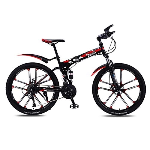 Bicicletas de montaña plegables : ZKHD 26 Pulgadas 10 Rueda De Corte 30 De Doble Velocidad Amortiguador Través De La Bici País Portátil Montaña Plegable De Velocidad Variable, Black Red, 26 Inch