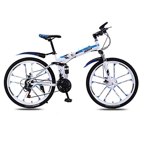 Bicicletas de montaña plegables : ZKHD 26 Pulgadas 10 Rueda de Cuchillas 24 Velocidad de absorción de Choque Dual Portable montaña Plegable de Velocidad Variable través de la Bici país, White Blue, 26 Inch