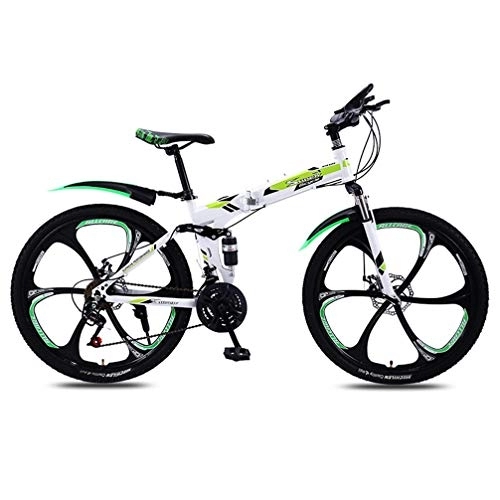Bicicletas de montaña plegables : ZKHD 26 Pulgadas 6 Rueda De Cuchillas 27 Velocidad De Absorción De Choque Dual Portable Montaña Plegable De Velocidad Variable Través De La Bici País, White Green, 26 Inch