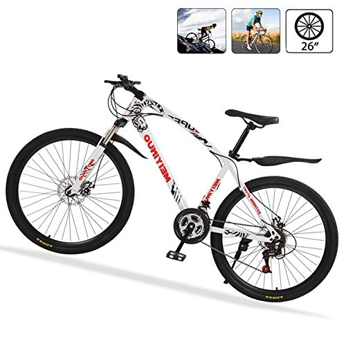 Bicicletas de montaña : Bicicleta de Ruta Carbono Acero R26 21V Bicicleta de Montaa MTB con Suspensin Delantero, Doble Freno de Disco, Blanco, 30 Spokes