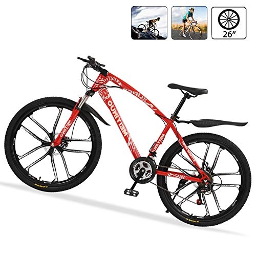 Bicicletas de montaña : Bicicleta de Ruta Carbono Acero R26 21V Bicicleta de Montaa MTB con Suspensin Delantero, Doble Freno de Disco, Rojo, 10 Spokes
