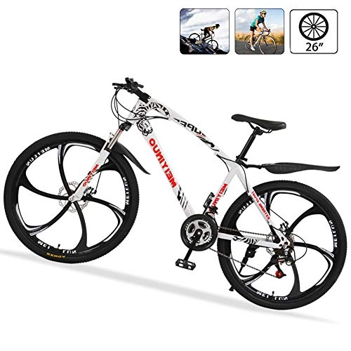 Bicicletas de montaña : Bicicleta de Ruta Carbono Acero R26 21V Bicicleta de Montaña MTB con Suspensión Delantero, Doble Freno de Disco, Blanco, 6 Spokes