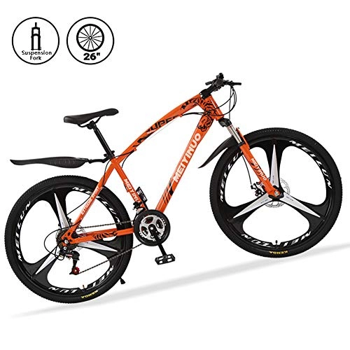 Bicicletas de montaña : Bicicletas de Montaa 26 Pulgadas 21 Speed Mountain Bike de Carbono Acero Suspensin Delantera Vicicletas MTB de Doble Freno de Disco, Naranja, 3 Spokes