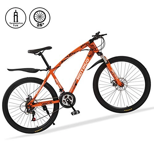Bicicletas de montaña : Bicicletas de Montaña 26 Pulgadas 21 Speed Mountain Bike de Carbono Acero Suspensión Delantera Vicicletas MTB de Doble Freno de Disco, Naranja, 30 Spokes